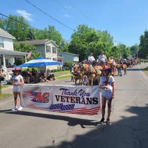 A parade is shown with people wearing American Comrades tshirts, horses and an American Comrades banner.